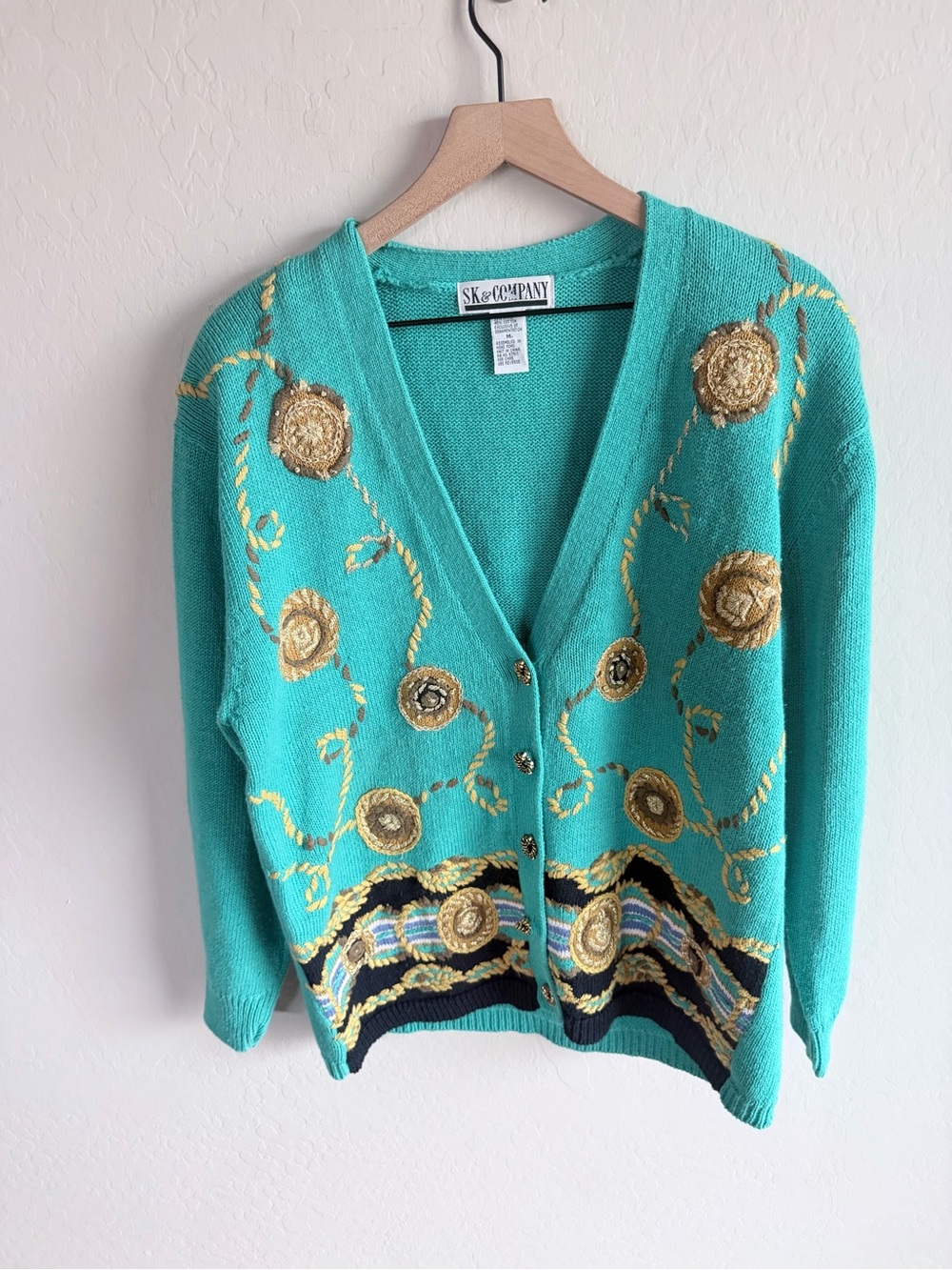 VTG SK & Company Teal Gold Embroidered V-Neck Cardigan M Grannycore Fall Y2K